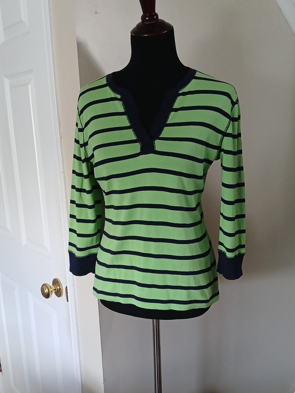 100% American Living Green and Navy Striped V-Neck Top